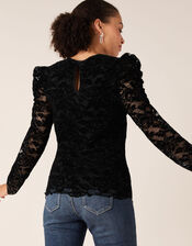 Flocked Lace Long-Sleeve Top, Black (BLACK), large