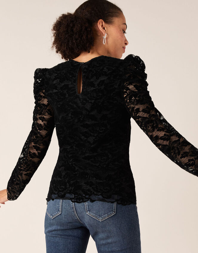 Flocked Lace Long-Sleeve Top, Black (BLACK), large