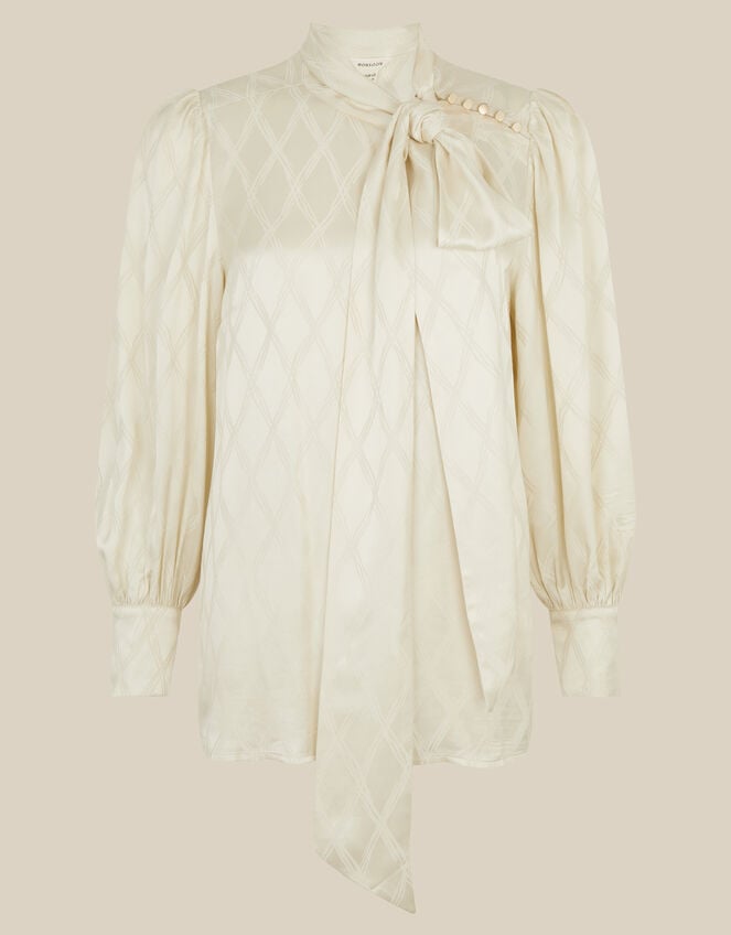 Skyla Jacquard Pussybow Blouse, Ivory (IVORY), large