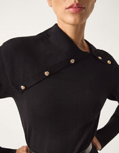 Cate Button Collar Midi Sweater Dress, Black (BLACK), large