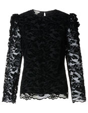 Flocked Lace Long-Sleeve Top, Black (BLACK), large