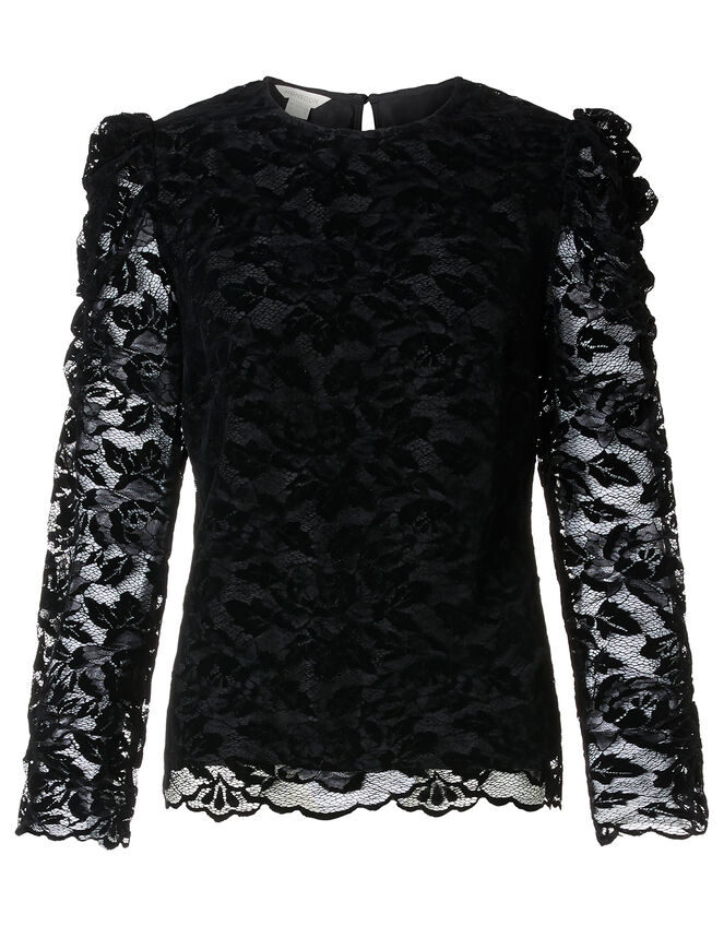 Flocked Lace Long-Sleeve Top, Black (BLACK), large
