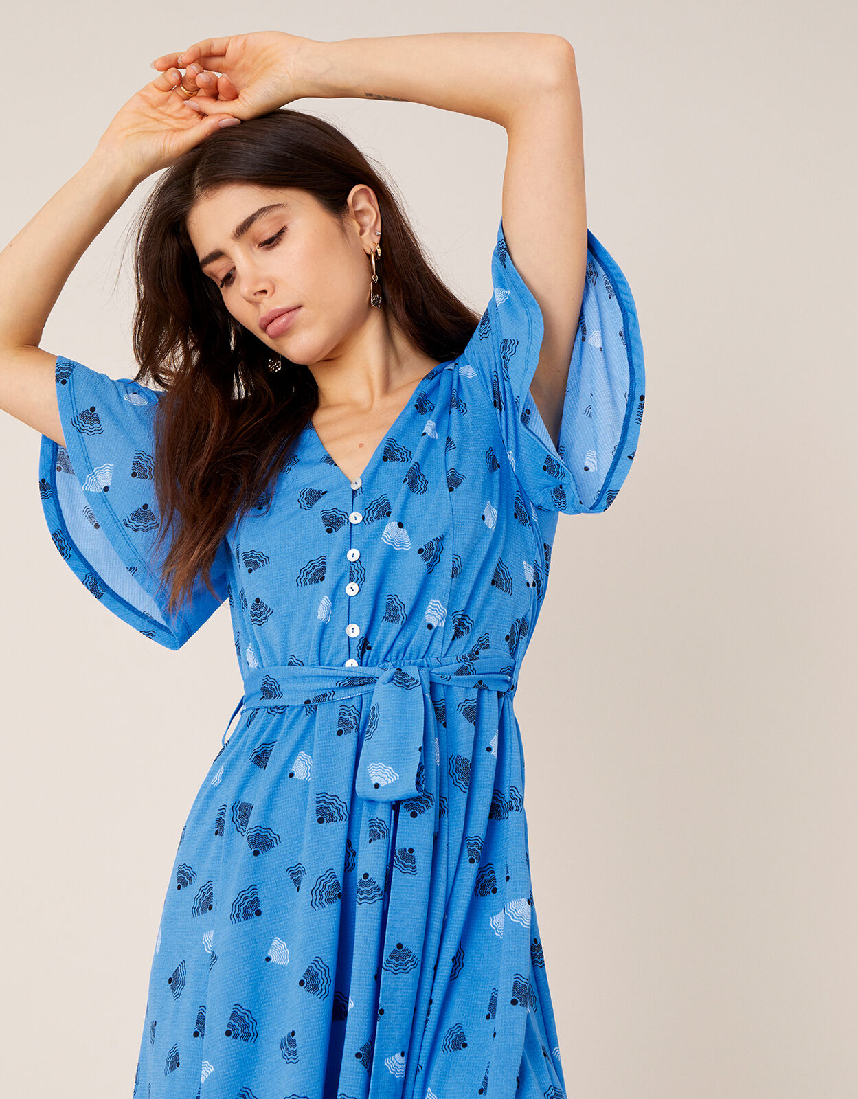 Nancy Printed Tie Belt Short Dress Blue Day Dresses Monsoon Global