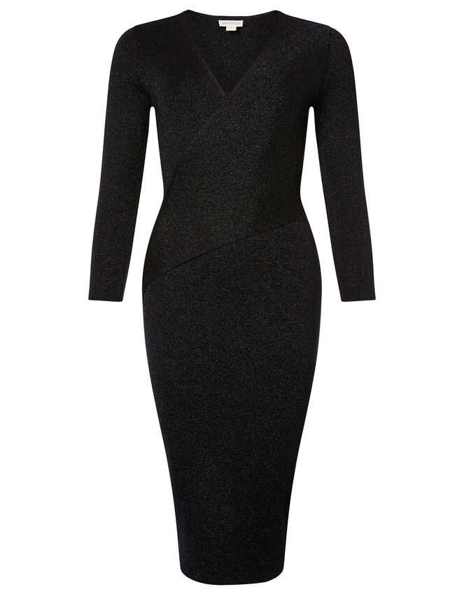Shimmer Knit Wrap Dress, Black (BLACK), large