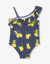 Hatley Lemon Print Ruffle Swimsuit, Blue (BLUE), large