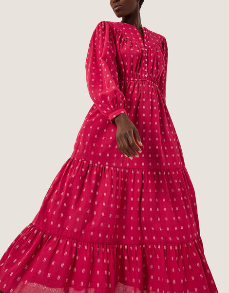 Poppy Long Sleeve Tiered Midi Dress, Red (RED), large