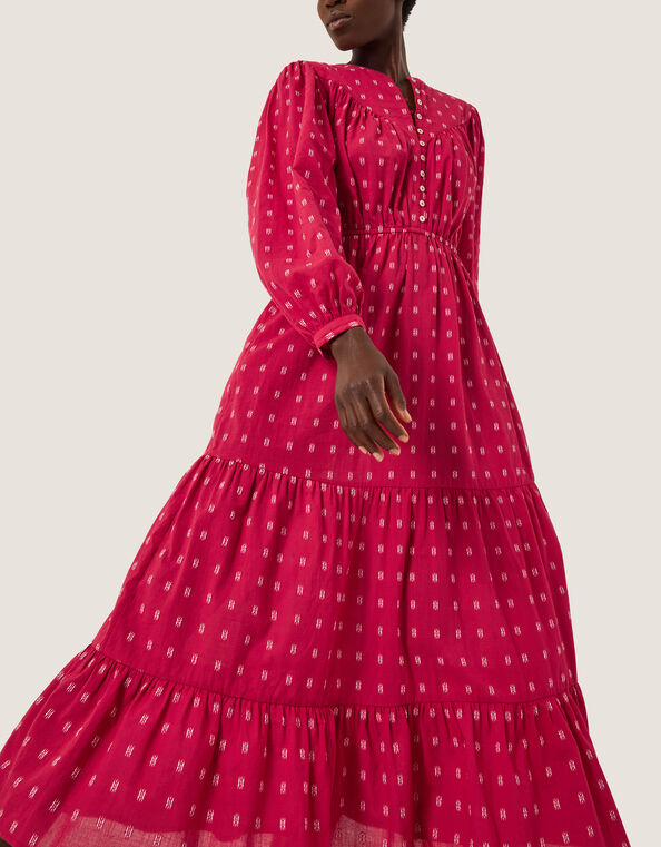 Poppy Long Sleeve Tiered Midi Dress, Red (RED), large