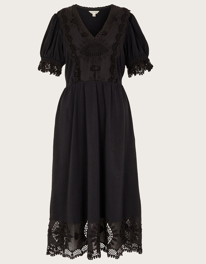 Jersey Crochet Trim Midi Dress, Black (BLACK), large