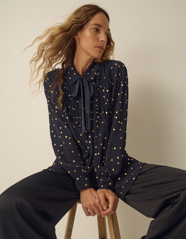 Stevie Foil Polka Dot Blouse, Blue (MIDNIGHT), large