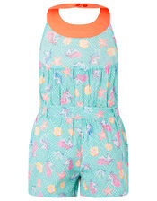 Laverna Unicorn Print Playsuit in Organic Cotton, Blue (TURQUOISE), large