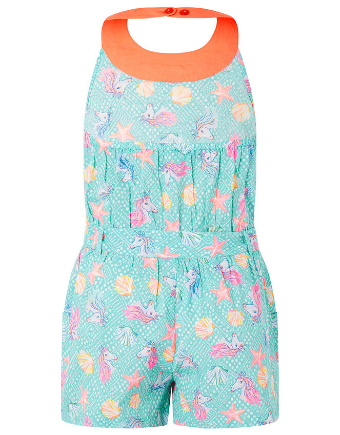 Laverna Unicorn Print Playsuit in Organic Cotton, Blue (TURQUOISE), large