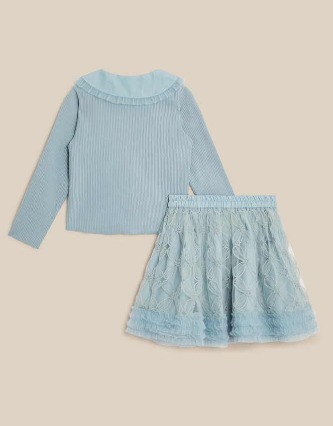 Pearl Bow Top & Appliqu&eacute; Mesh Skirt Set, Blue (BLUE), large
