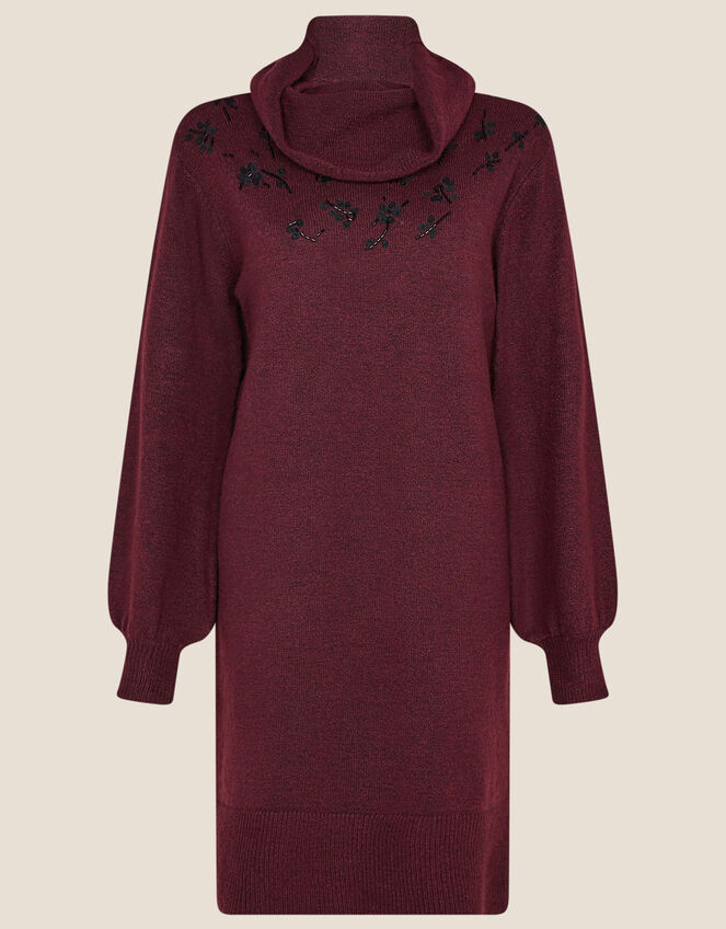 Embroidered Cowl Neck Dress, Red (BERRY), large