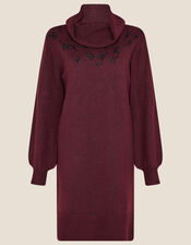 Embroidered Cowl Neck Dress, Red (BERRY), large