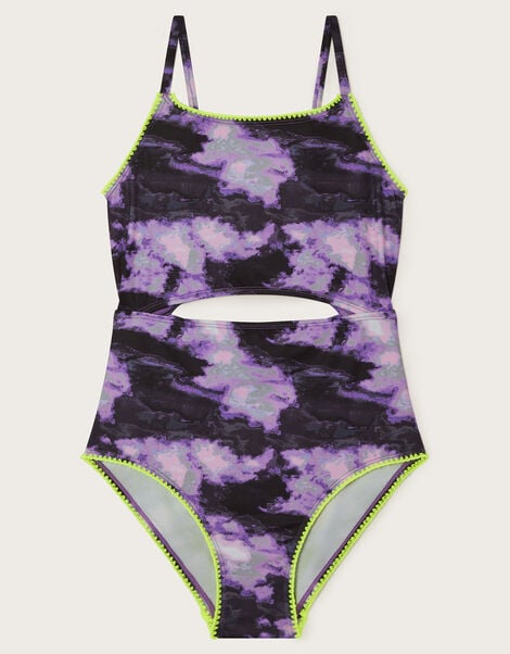Marble Print Cut-Out Swimsuit, Purple (PURPLE), large