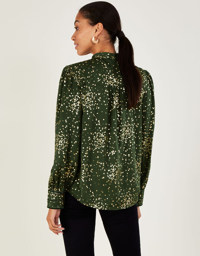 Suki Foil Pussybow Blouse, Green (KHAKI), large