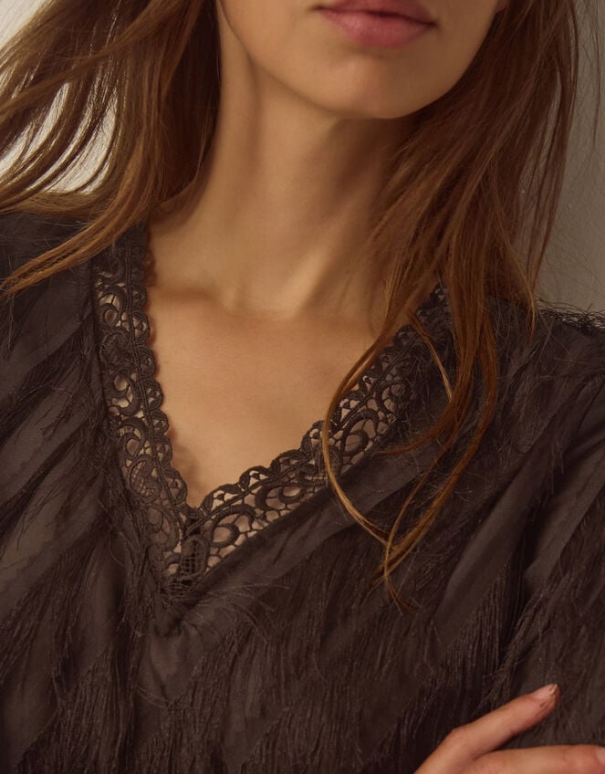 Tawn V-Neck Fringe Top, Brown (CHOCOLATE), large