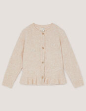 Pearl Bow Peplum Cardigan, Cream (CREAM), large