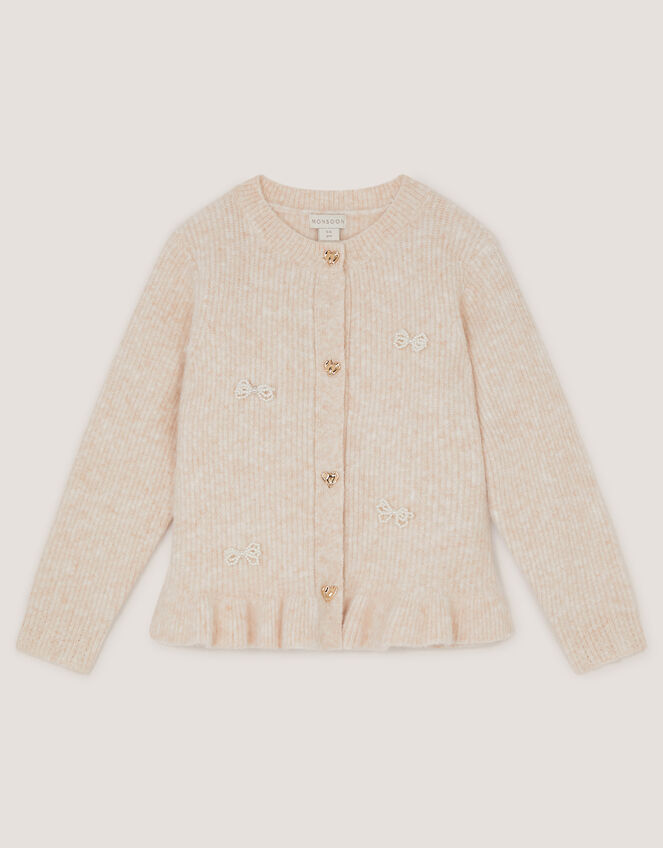 Pearl Bow Peplum Cardigan, Cream (CREAM), large