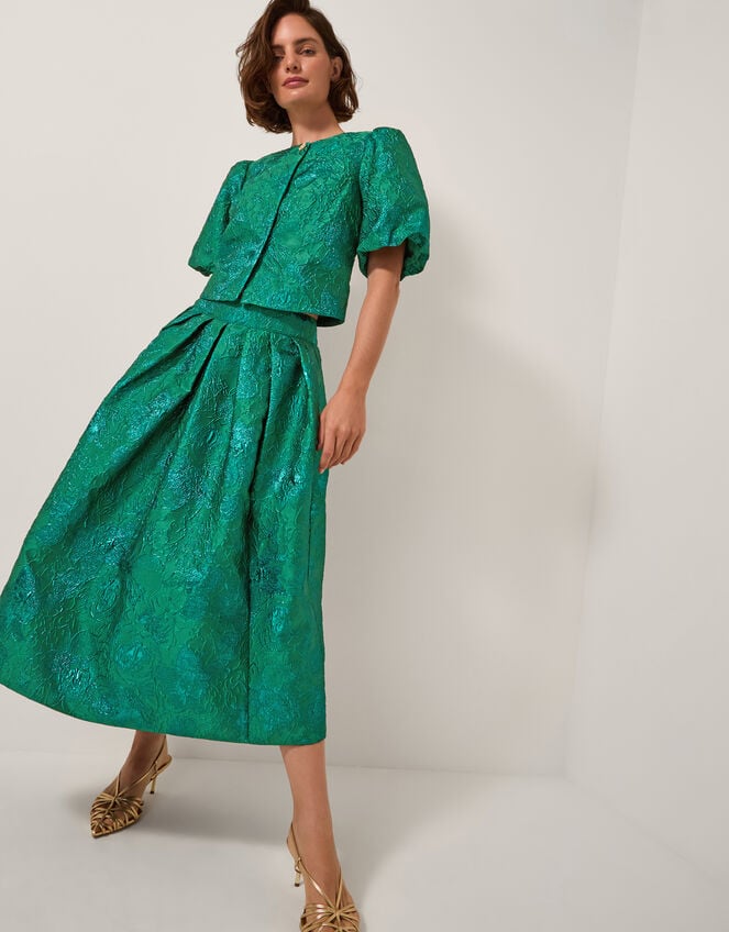 Jolene Floral Jacquard Puff Sleeve Jacket, Green (GREEN), large