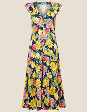 Floral Print Jersey Midi Dress , Blue (NAVY), large