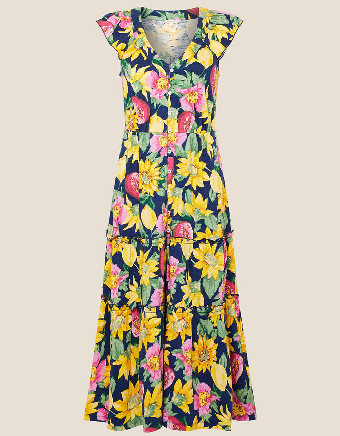 Floral Print Jersey Midi Dress , Blue (NAVY), large