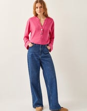 Asher Long Sleeve Linen-Blend Top, Pink (PINK), large