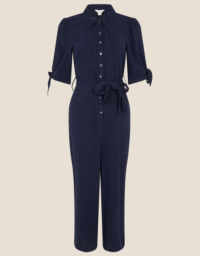 Plain Collared Jumpsuit, Blue (NAVY), large