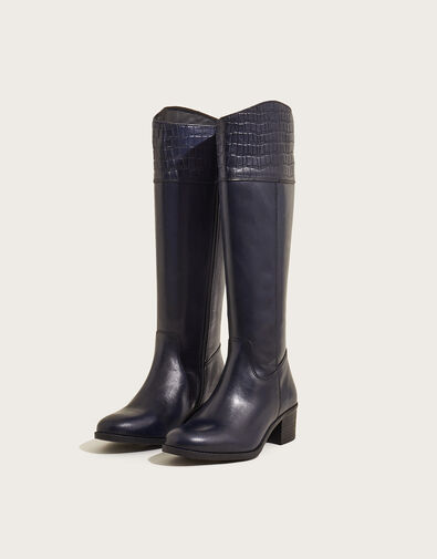 Croc Detail Leather Riding Boots Blue, Blue (NAVY), large