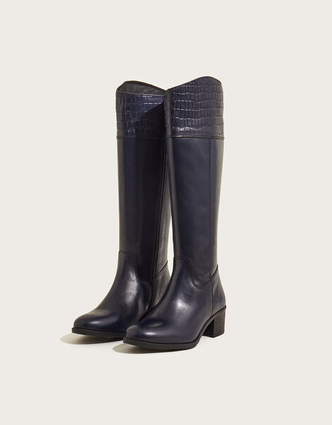Croc Detail Leather Riding Boots, Blue (NAVY), large