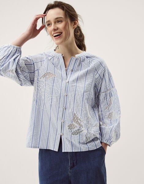 Maia Embroidered Stripe Blouse, Blue (BLUE), large