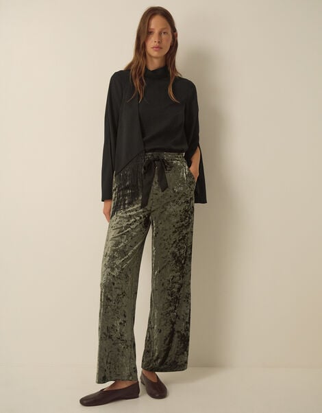 Ola Crushed Velvet Wide Leg Joggers, Green (KHAKI), large