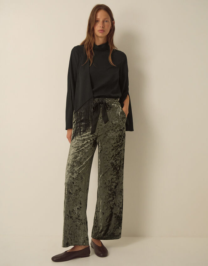 Ola Crushed Velvet Wide Leg Joggers, Green (KHAKI), large
