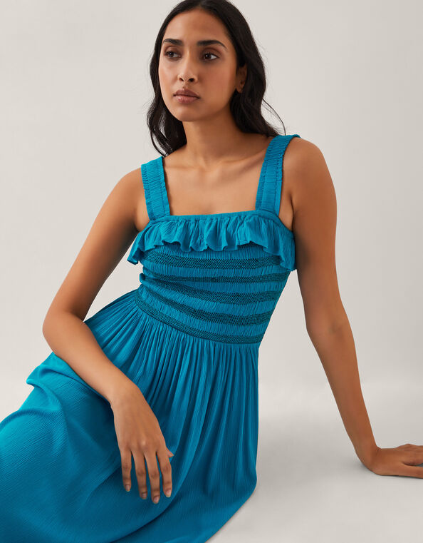 Salma Smocked Sleeveless Midi Dress, Blue (TURQUOISE), large