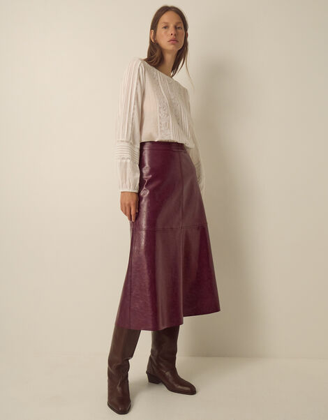 Pippa Faux Leather Midi Skirt, Red (BURGUNDY), large