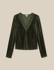 Lexi Lace Trim Velvet Top, Green (OLIVE), large