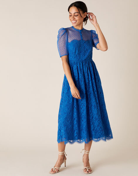 Trisha Embroidered Lace Midi Dress Blue, Blue (BLUE), large