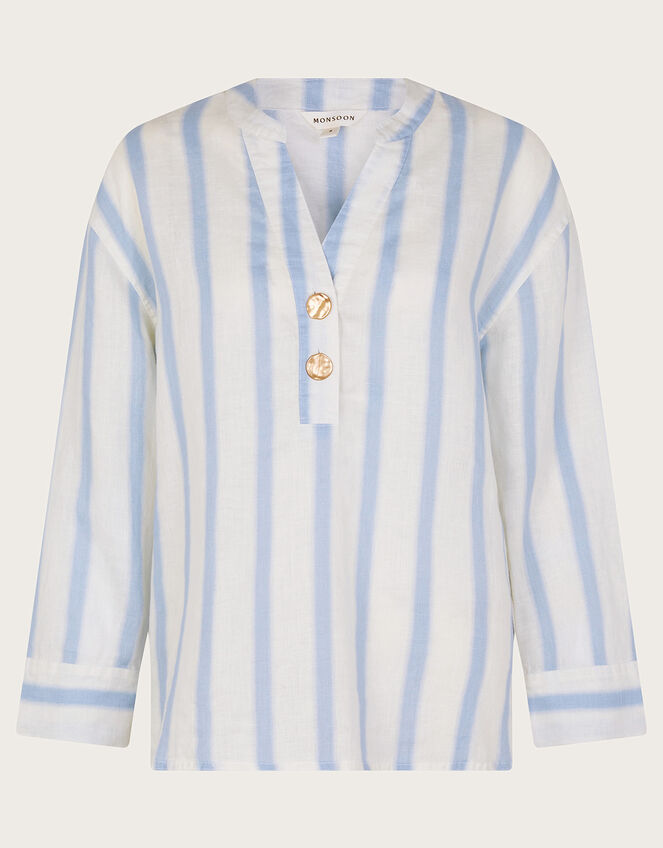 Lea Stripe Linen Top, Blue (BLUE), large