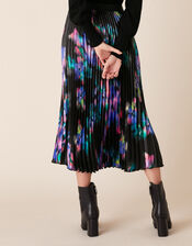 Blur Print Pleated Satin Midi Skirt, Black (BLACK), large