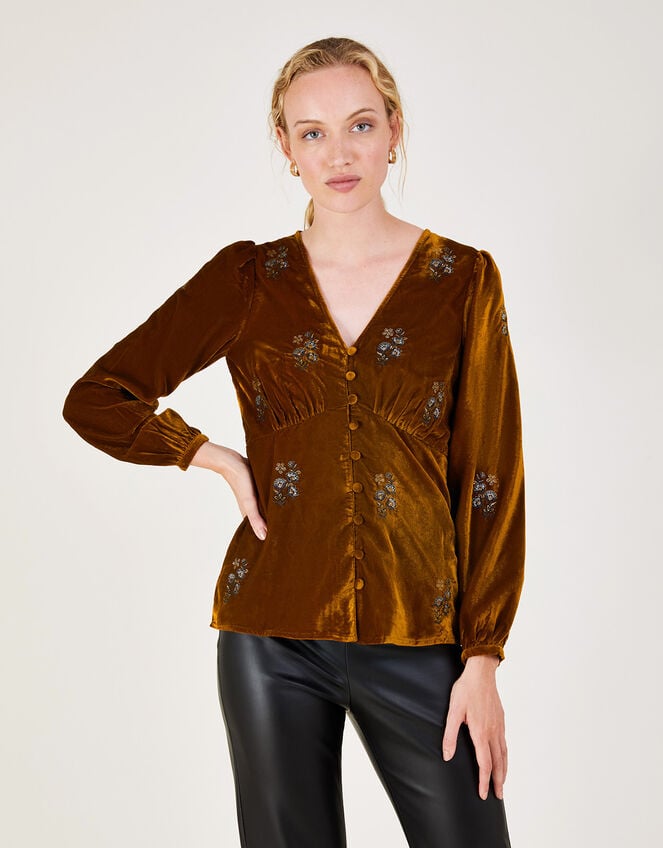 Sienna Velvet Embroidered Tea Top, Green (OLIVE), large