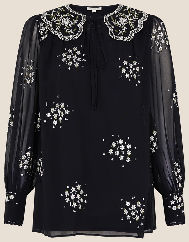 Stasia Floral Embroidered Blouse, Black (BLACK), large