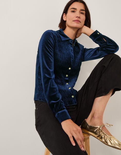 Sam Smocked Velvet Shirt, Blue (MIDNIGHT), large