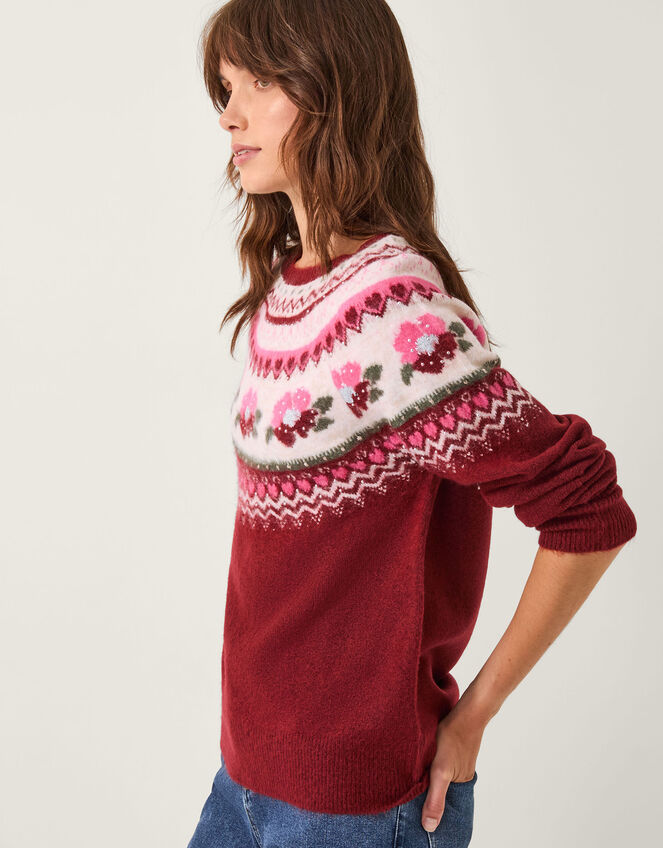 Penny Embellished Fair Isle Jumper, Red (CHERRY), large
