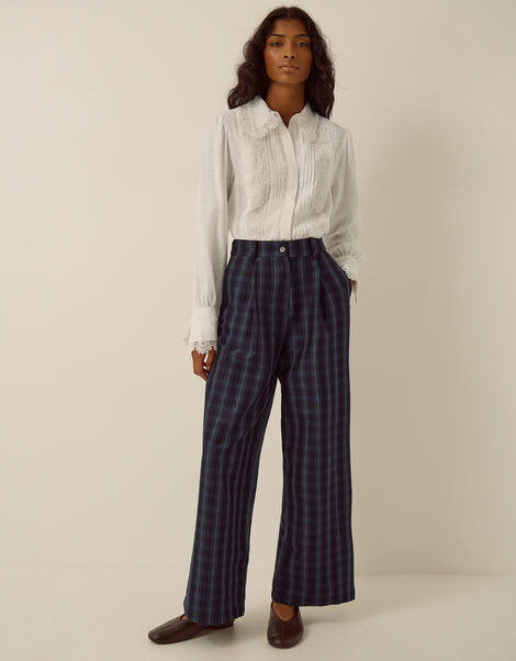 Fern High Waisted Check Wide Leg Trousers, Blue (BLUE), large