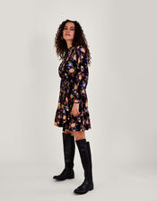 Floral Print Belted Jersey Dress, Black (BLACK), large