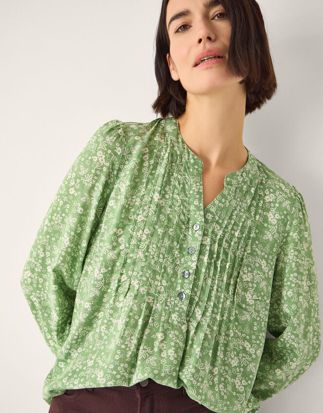 Tortie Floral Pintuck Blouse, Green (GREEN), large