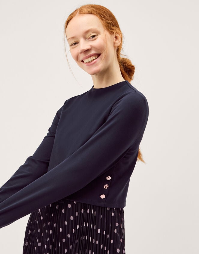 Daisy Spot Pleated Midi Dress, Blue (NAVY), large