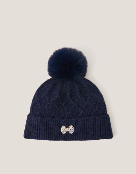 Diamond Bow Pom-Pom Beanie Hat, Blue (NAVY), large