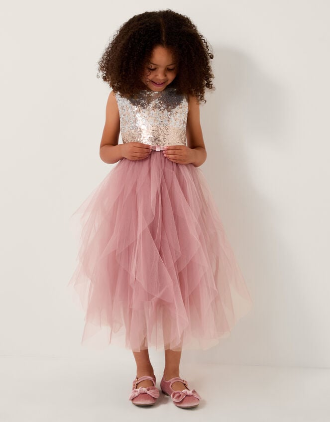 Simone Sequin Tulle Ruffle Dress, Pink (DUSKY PINK), large