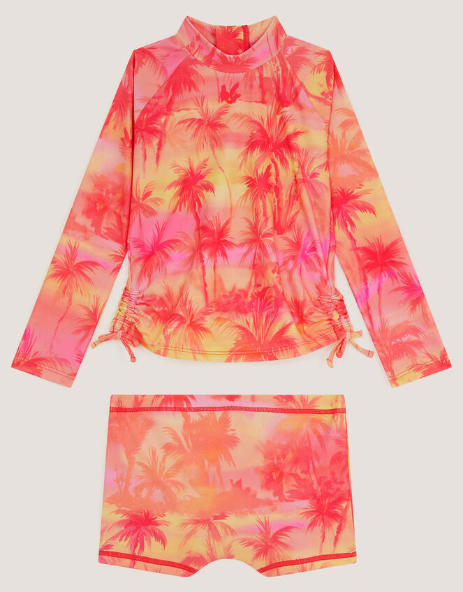 Palm Print UPF50+ Rash Vest Swim Set, Orange (ORANGE), large